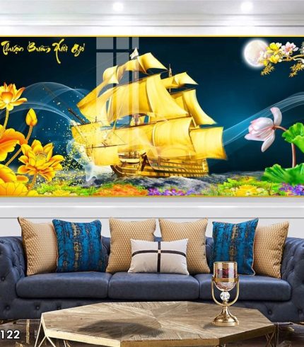 Tranh Phòng khách TK122 Vải canvas thuyền vàng và hoa sen daklak